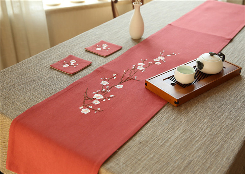 福連文苑刺繡花桌旗梅花茶席布藝禪意