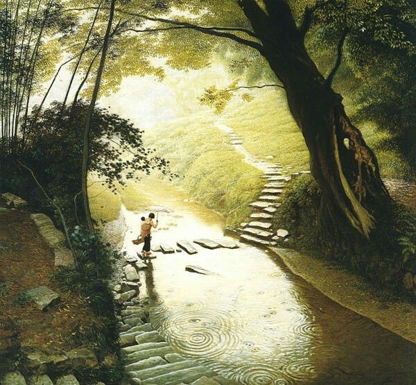 福連文苑山水村莊油畫插畫