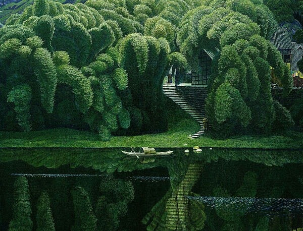 福連文苑山水村莊油畫插畫