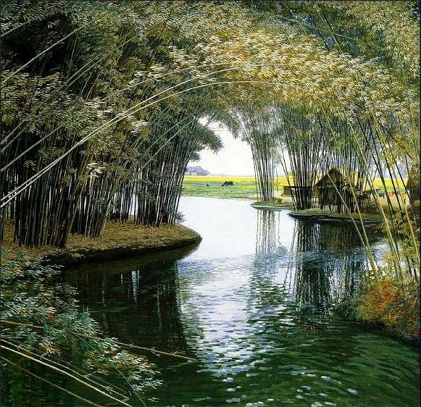 福連文苑山水村莊油畫插畫