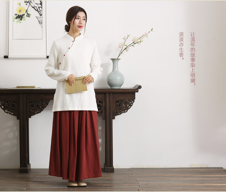 紅梅落雪復(fù)古棉麻唐裝女中式長袖上衣