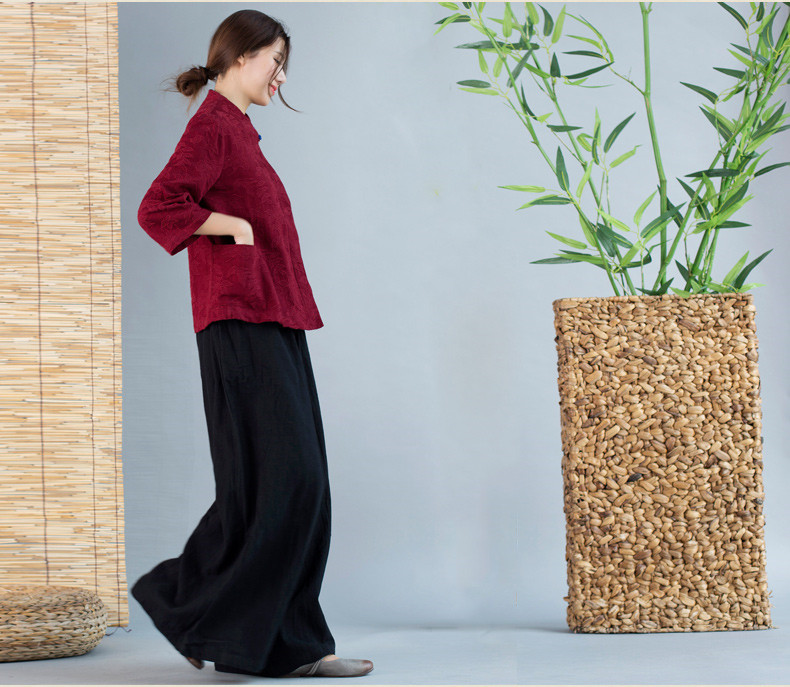 暗紅色中式外套女長(zhǎng)袖盤扣上衣