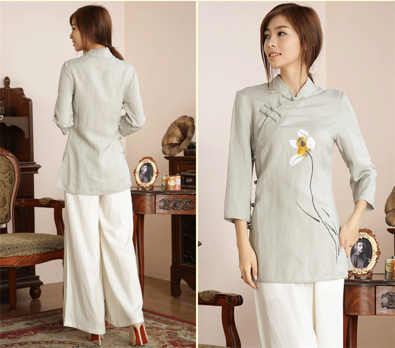 唐裝女夏秋裝棉麻服飾盤(pán)扣手繪禪意