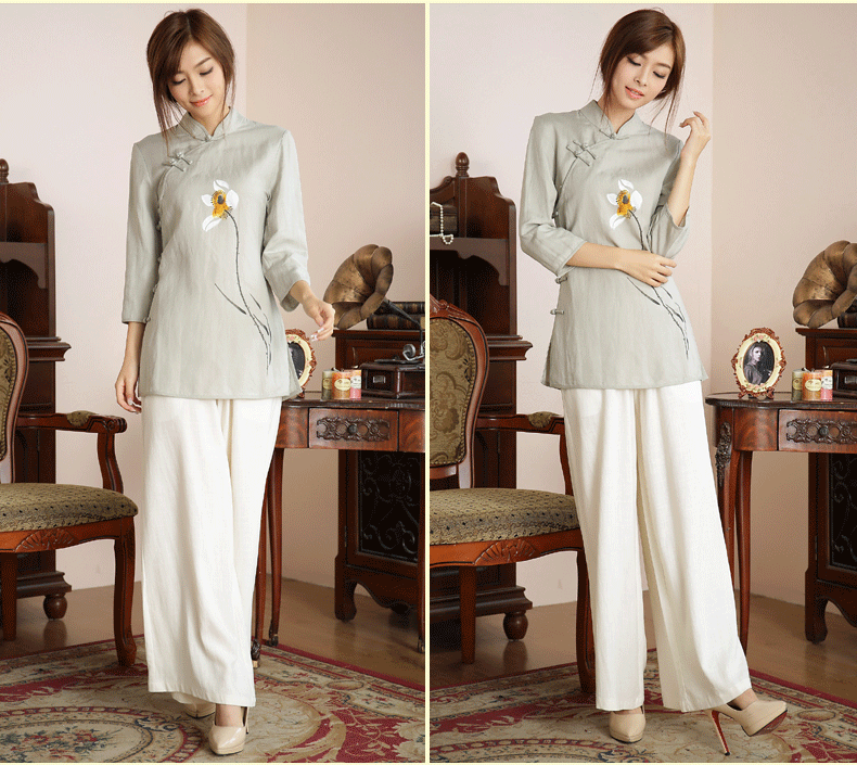 唐裝女夏秋裝棉麻服飾盤(pán)扣手繪禪意