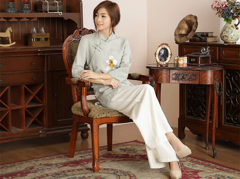 唐裝女夏秋裝棉麻服飾盤(pán)扣手繪禪意