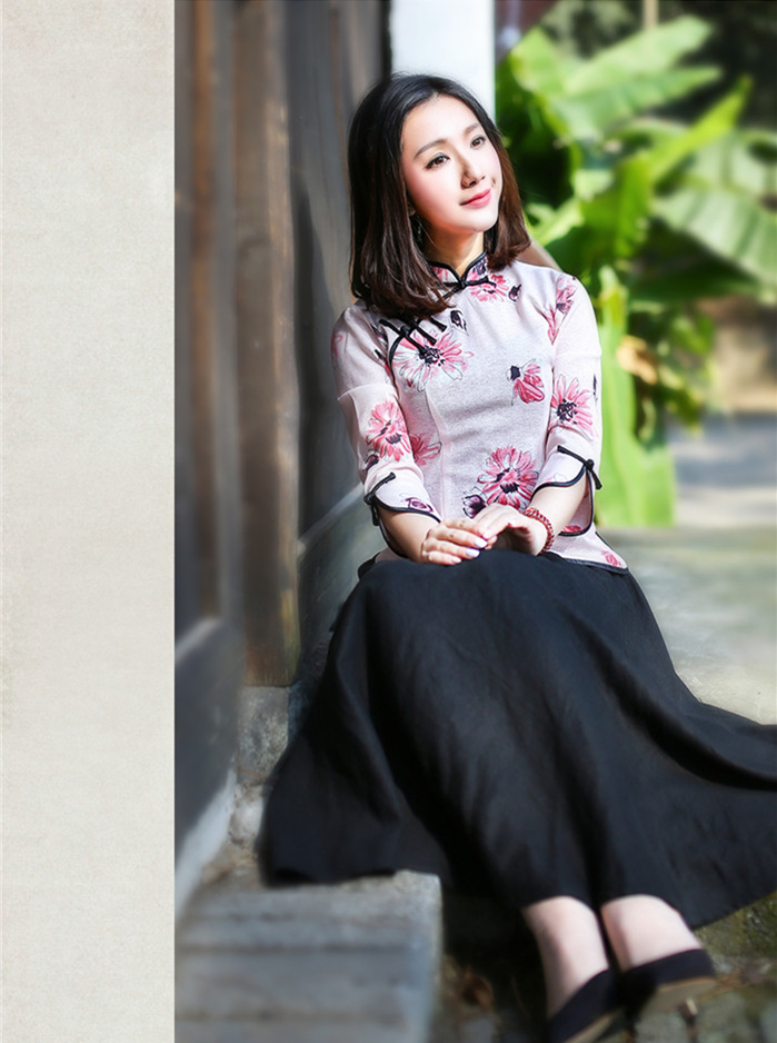 春秋裝中式唐裝女印花長(zhǎng)袖