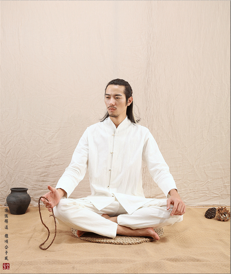 文藝范中式長袖棉麻白襯衫唐裝男