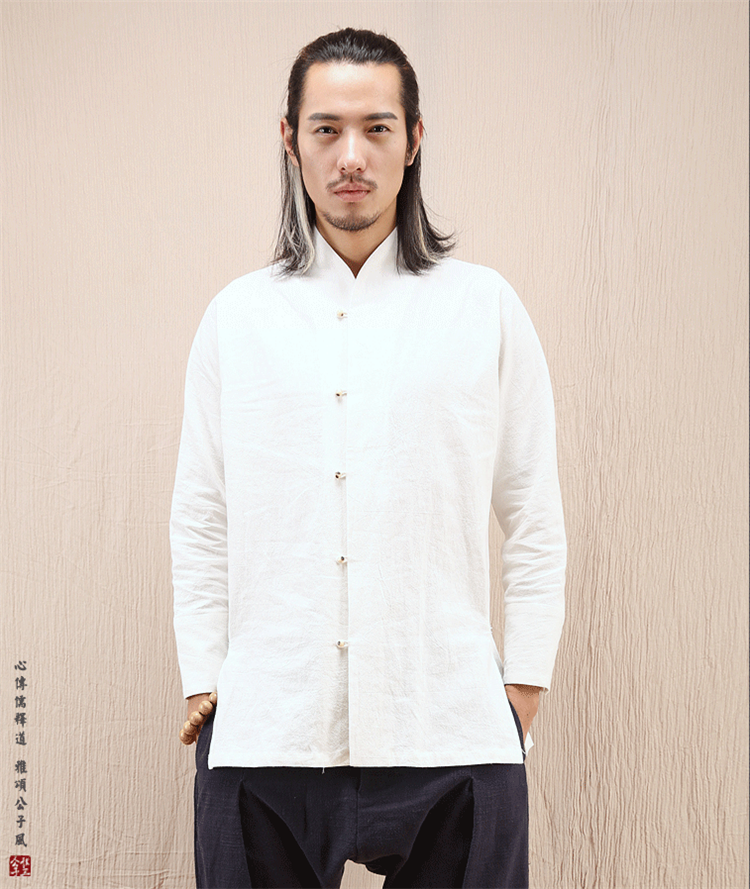文藝范中式長袖棉麻白襯衫唐裝男