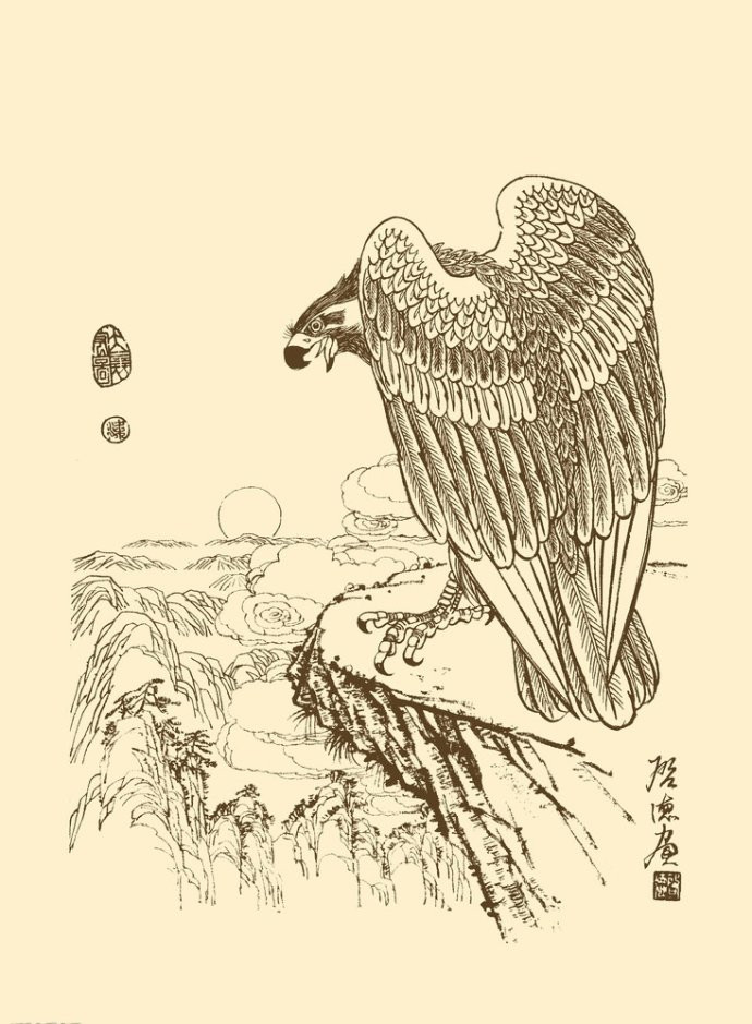 梁啟德精美雄鷹白描作品