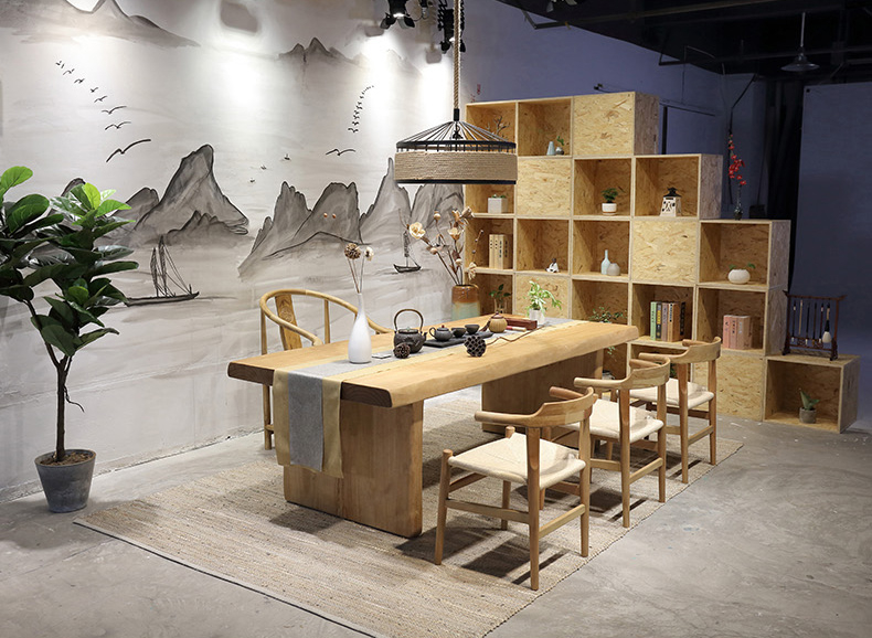 復(fù)古純實(shí)木茶桌椅組合，仿古簡約功夫茶臺(tái)