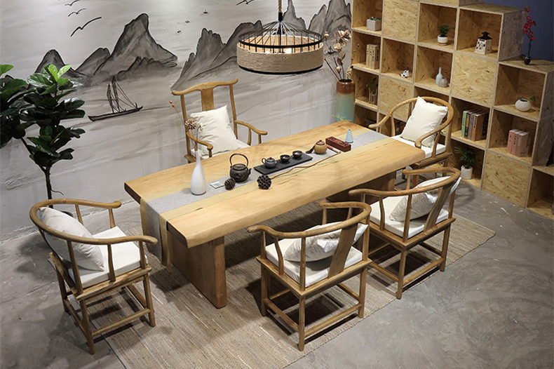 復(fù)古純實(shí)木茶桌椅組合，仿古簡約功夫茶臺(tái)