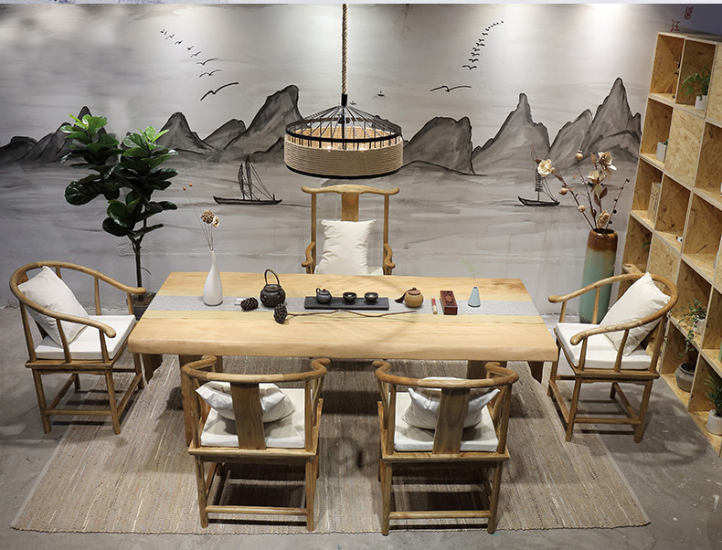 復(fù)古純實(shí)木茶桌椅組合，仿古簡約功夫茶臺(tái)