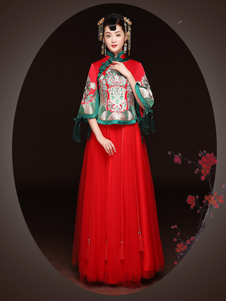 秋季新款紅色敬酒服，改良旗袍長(zhǎng)款