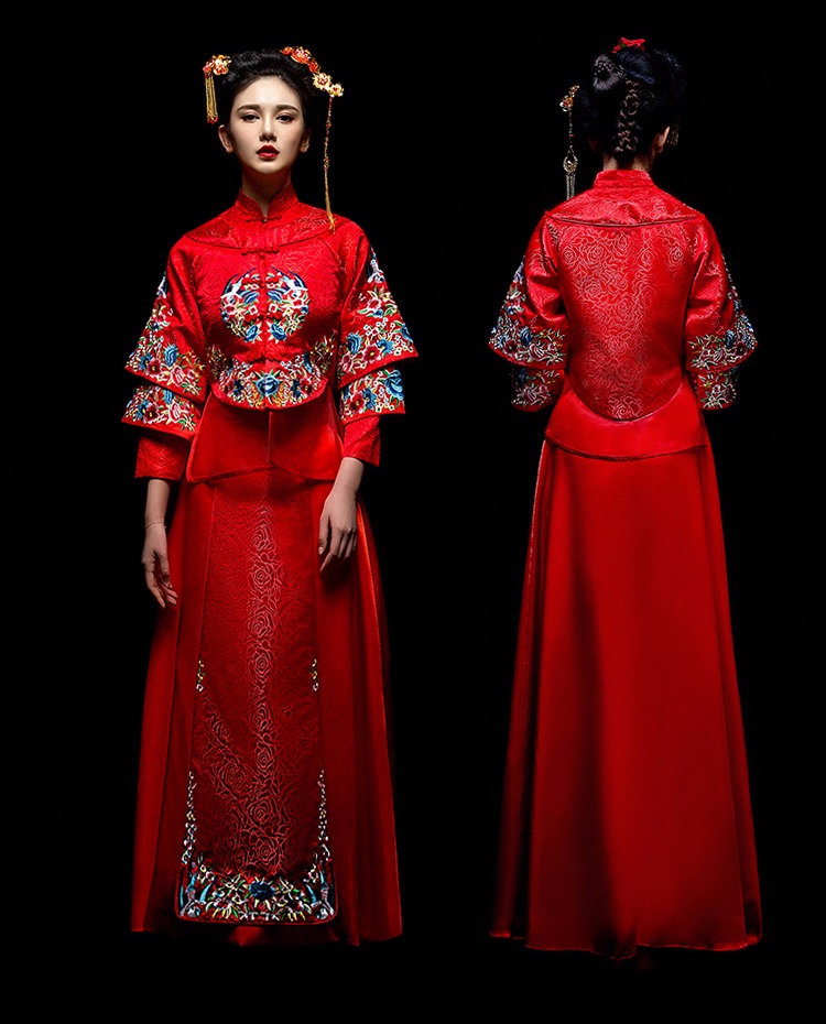 中國古典元素刺繡新娘禮服，敬酒服長袖春裝