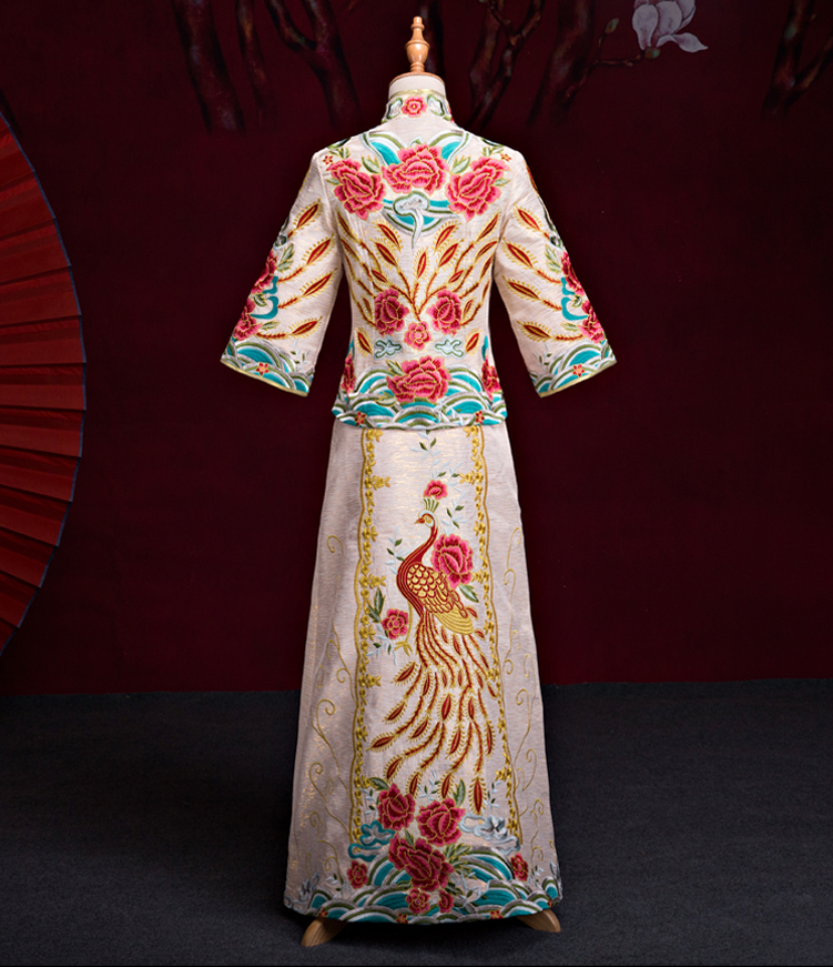 刺繡鳳凰白色中式嫁衣，結(jié)婚敬酒服旗袍修身