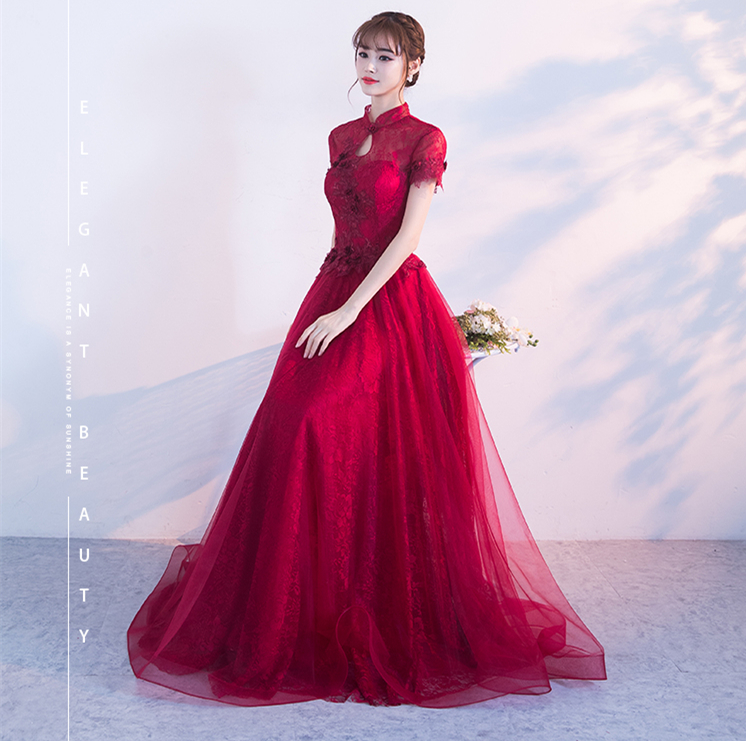 中式立領(lǐng)修身長(zhǎng)款禮服，新娘敬酒服