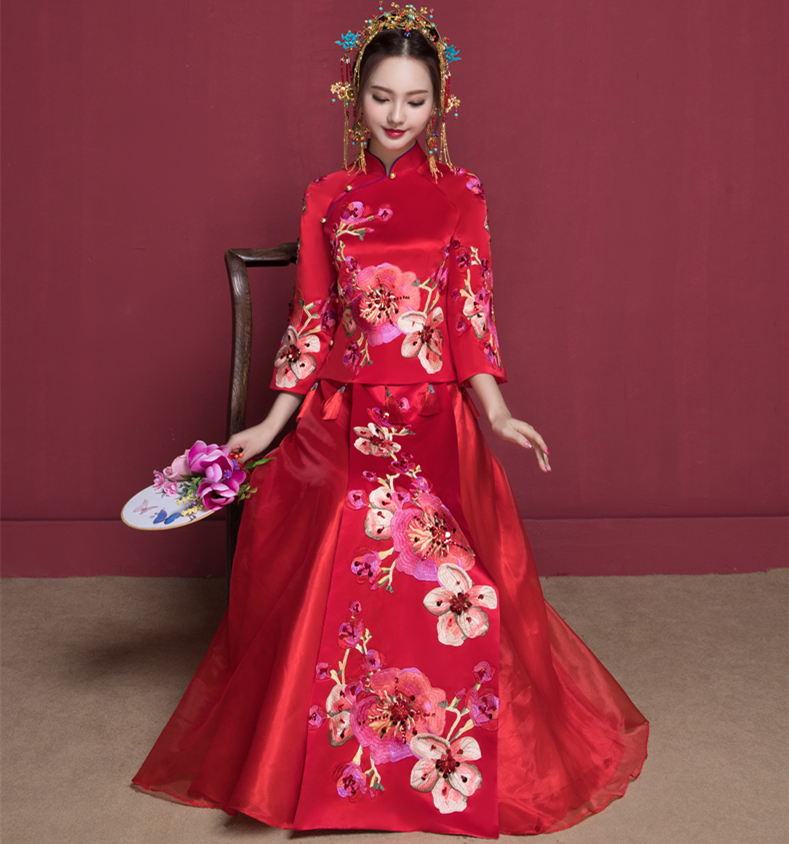 花開富貴中式新娘禮服，蘇繡桃花中袖敬酒服