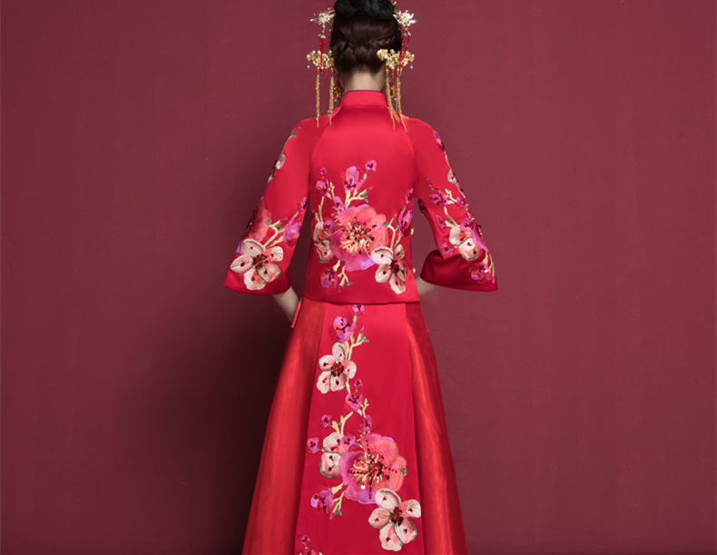 花開富貴中式新娘禮服，蘇繡桃花中袖敬酒服