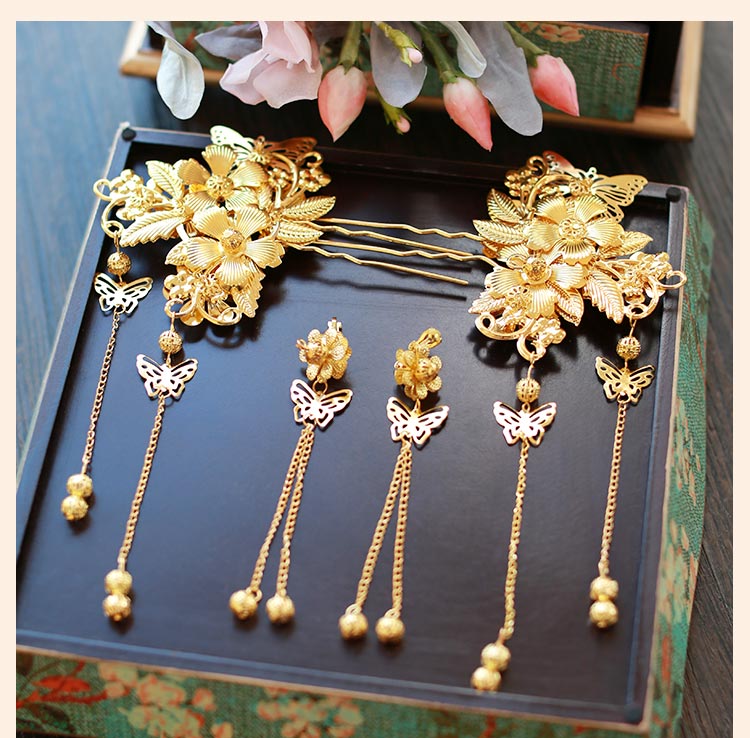 中式新娘精美頭飾，金色發(fā)飾套裝步搖鳳冠