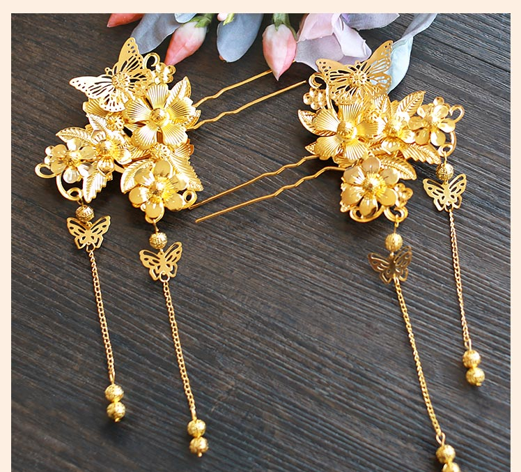 中式新娘精美頭飾，金色發(fā)飾套裝步搖鳳冠