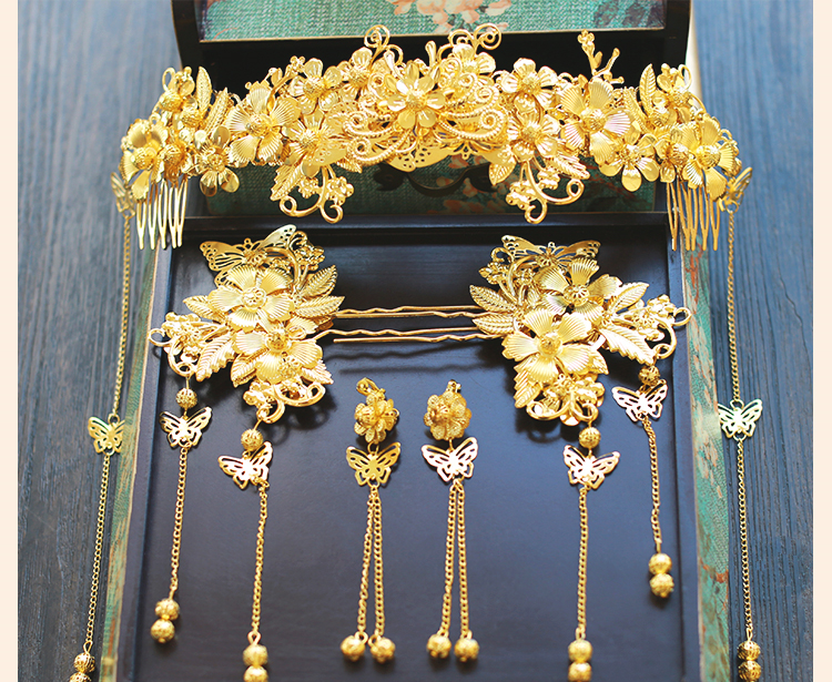 中式新娘精美頭飾，金色發(fā)飾套裝步搖鳳冠