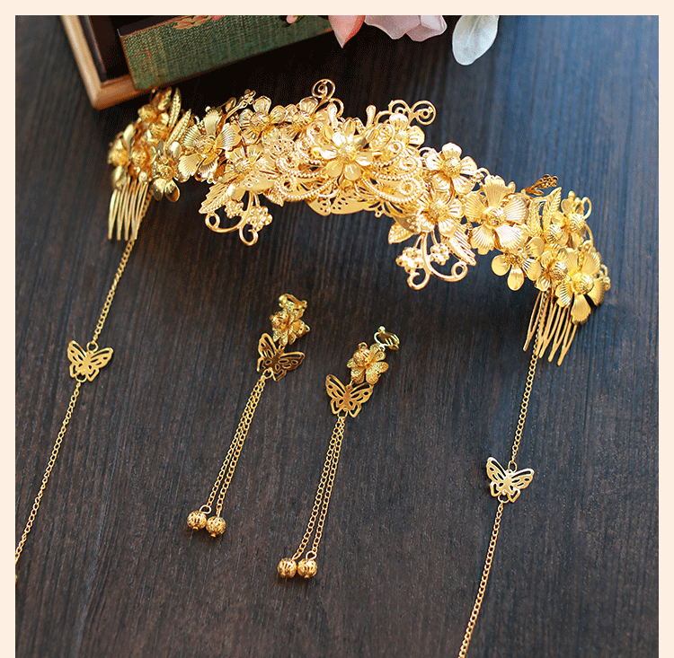 中式新娘精美頭飾，金色發(fā)飾套裝步搖鳳冠