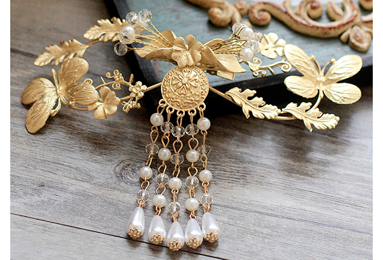 金色復(fù)古宮廷頭飾，古典蝴蝶流蘇額飾