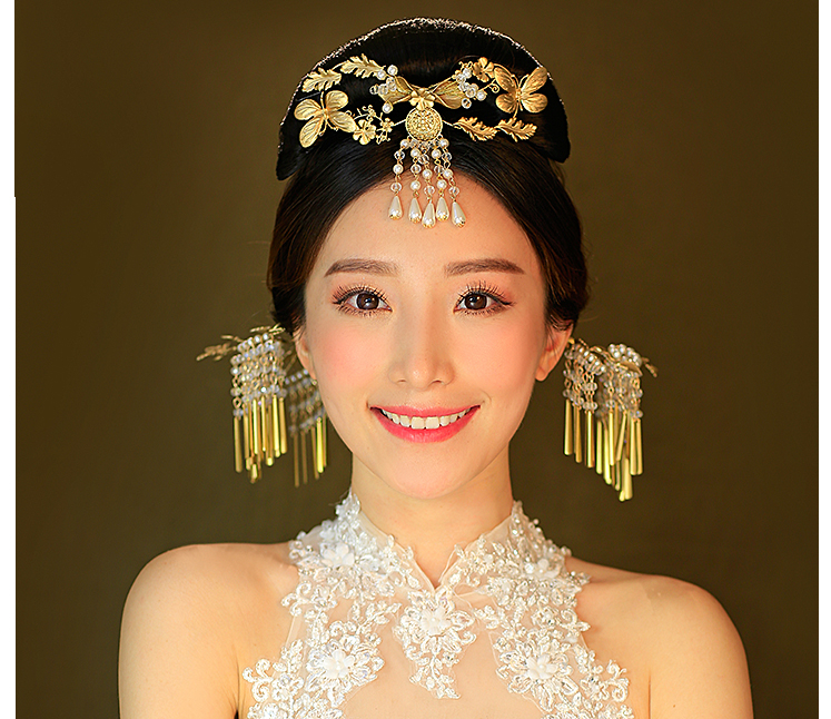 金色復(fù)古宮廷頭飾，古典蝴蝶流蘇額飾