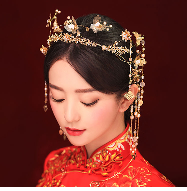 古裝頭飾金色流蘇，原創(chuàng)鳳冠發(fā)箍