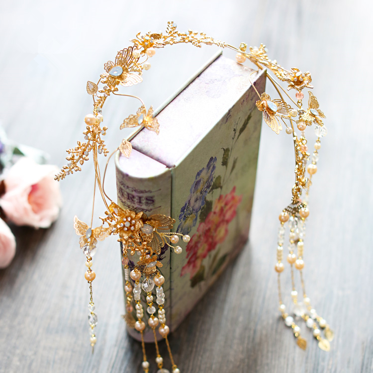 古裝頭飾金色流蘇，原創(chuàng)鳳冠發(fā)箍