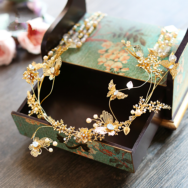 古裝頭飾金色流蘇，原創(chuàng)鳳冠發(fā)箍