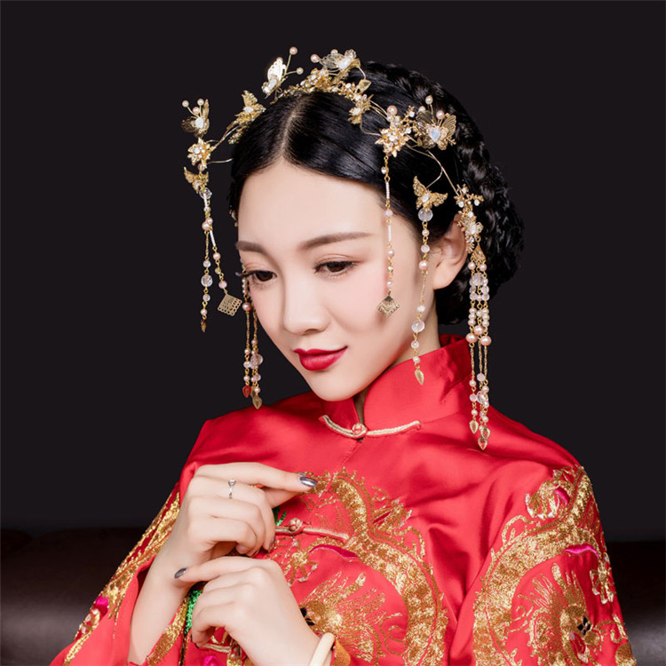 古裝頭飾金色流蘇，原創(chuàng)鳳冠發(fā)箍