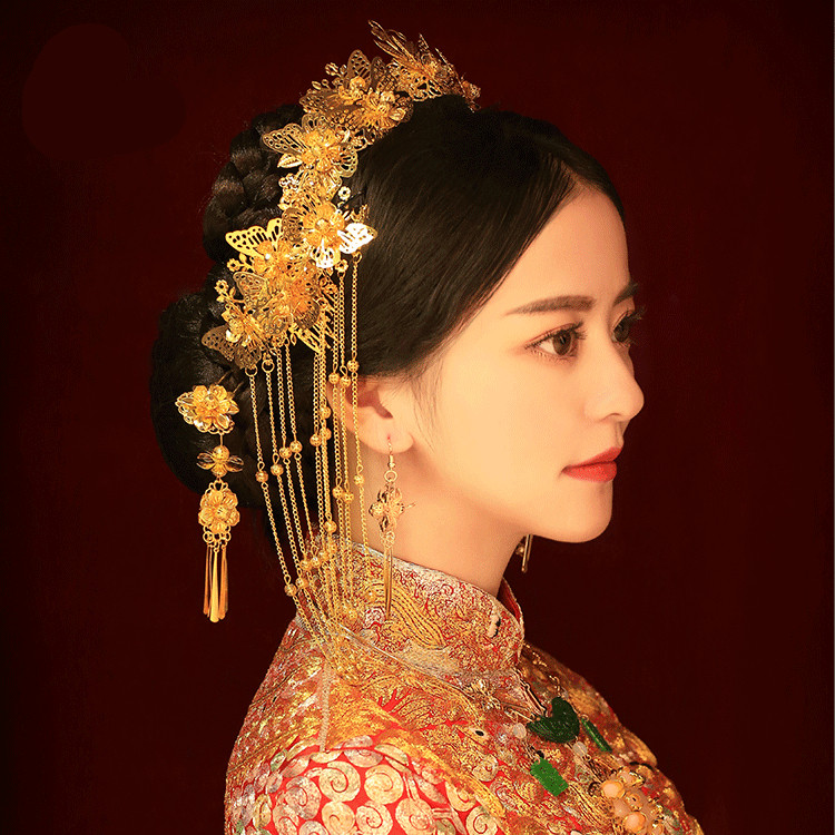 女子金色流蘇古風(fēng)頭飾，鳳冠配飾品