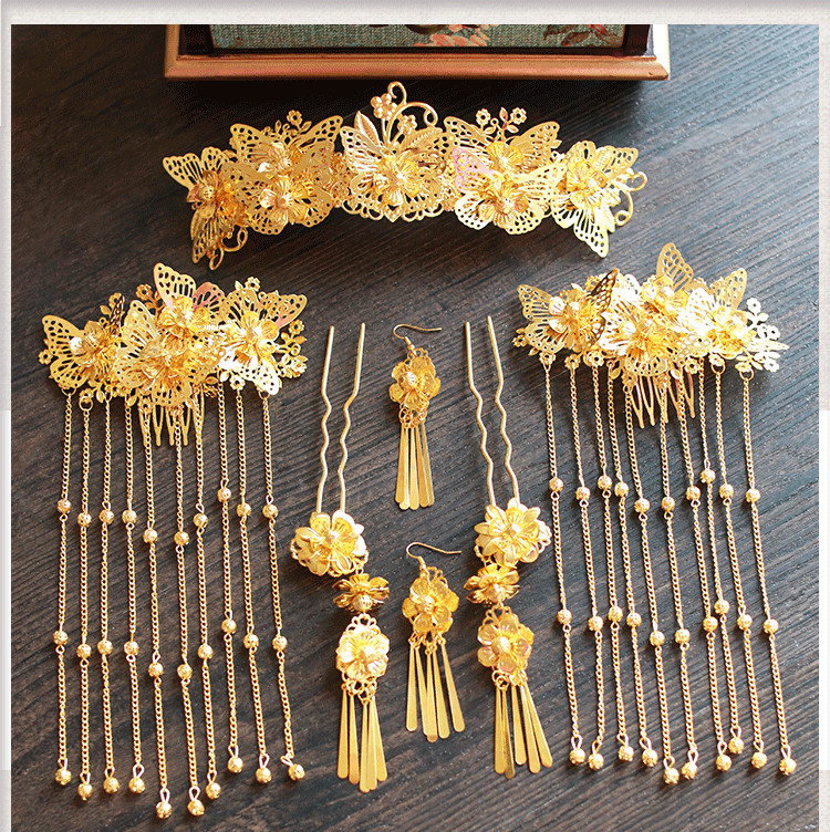 女子金色流蘇古風(fēng)頭飾，鳳冠配飾品