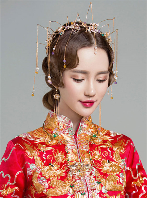 中式古典純手工發(fā)飾，婚禮頭飾蝴蝶彩珠