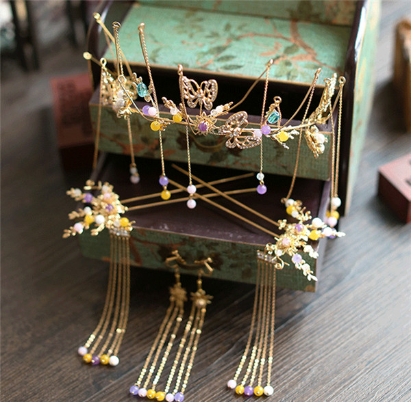 中式古典純手工發(fā)飾，婚禮頭飾蝴蝶彩珠