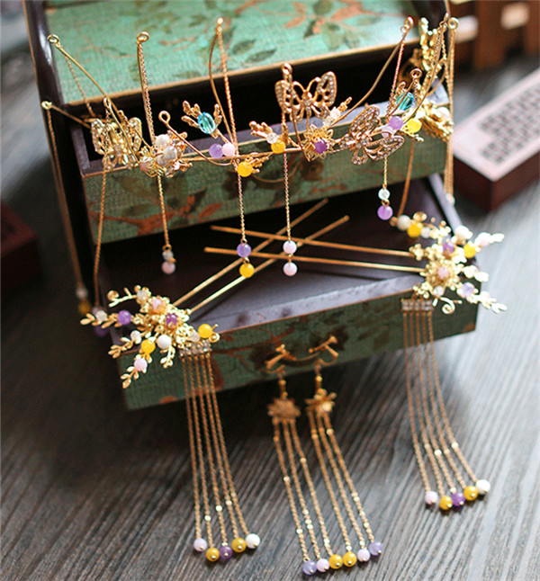 中式古典純手工發(fā)飾，婚禮頭飾蝴蝶彩珠