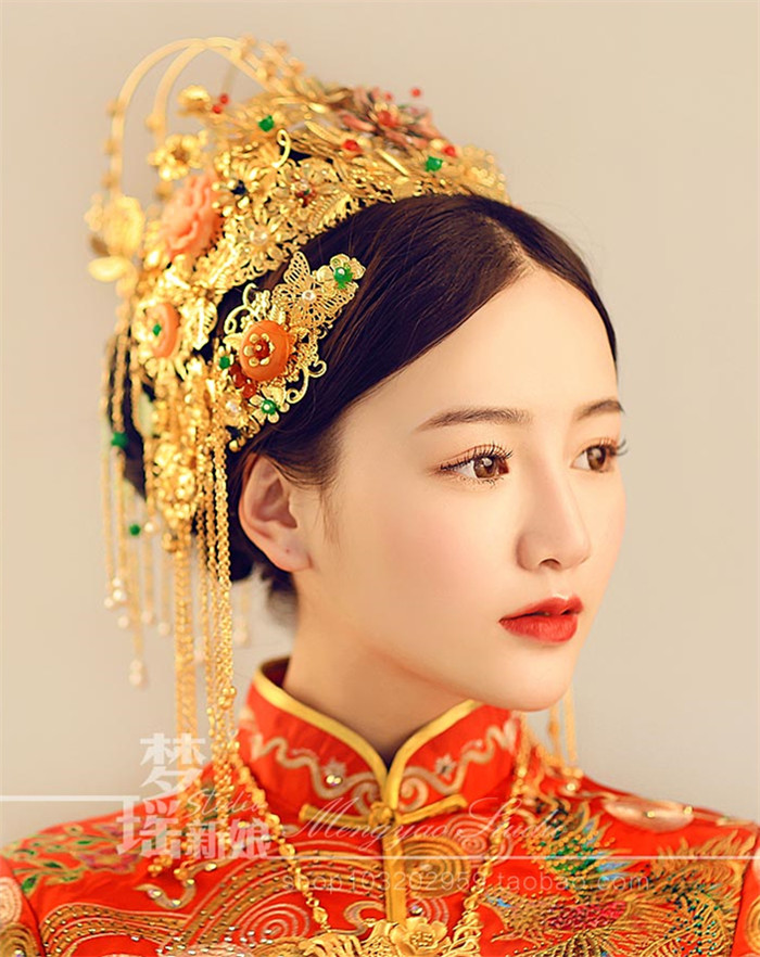 新娘古裝頭飾翠霞，中式婚禮發(fā)飾