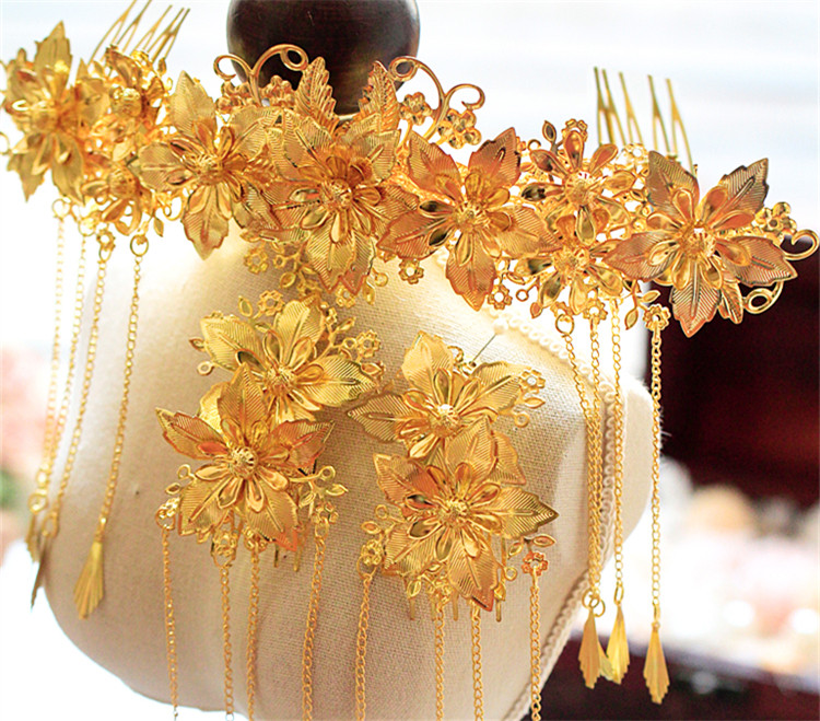 中式新娘步搖頭飾，金色古裝發(fā)飾套裝