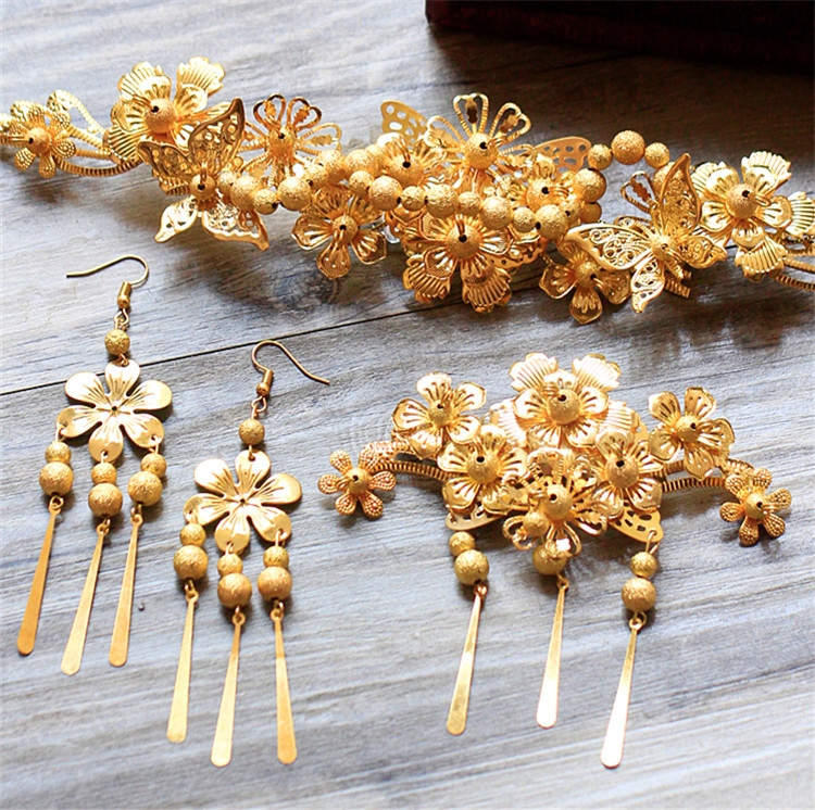 中式新娘步搖頭飾，金色古裝發(fā)飾套裝