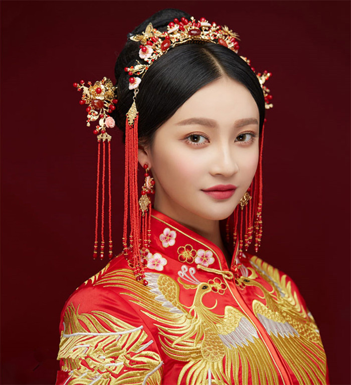 金底紅古風(fēng)頭飾，復(fù)古貝殼花流蘇發(fā)簪