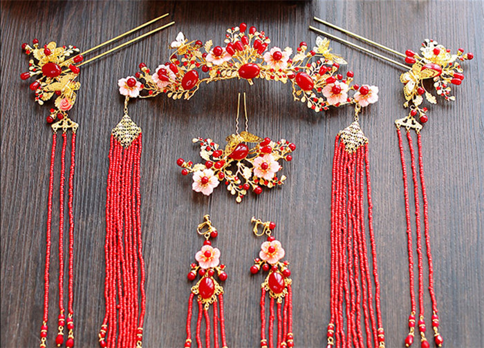 金底紅古風(fēng)頭飾，復(fù)古貝殼花流蘇發(fā)簪