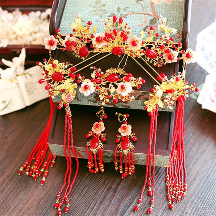 金底紅古風(fēng)頭飾，復(fù)古貝殼花流蘇發(fā)簪