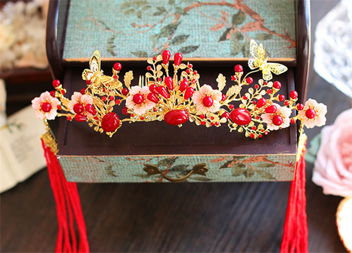 金底紅古風頭飾，復古貝殼花流蘇發(fā)簪