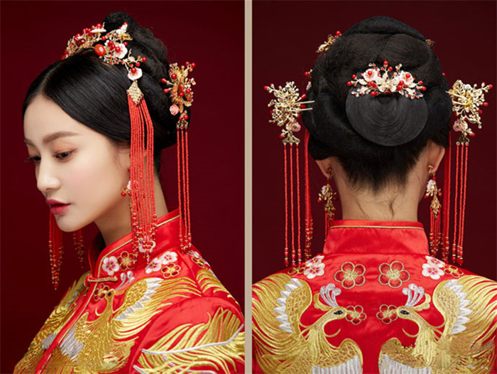 金底紅古風(fēng)頭飾，復(fù)古貝殼花流蘇發(fā)簪