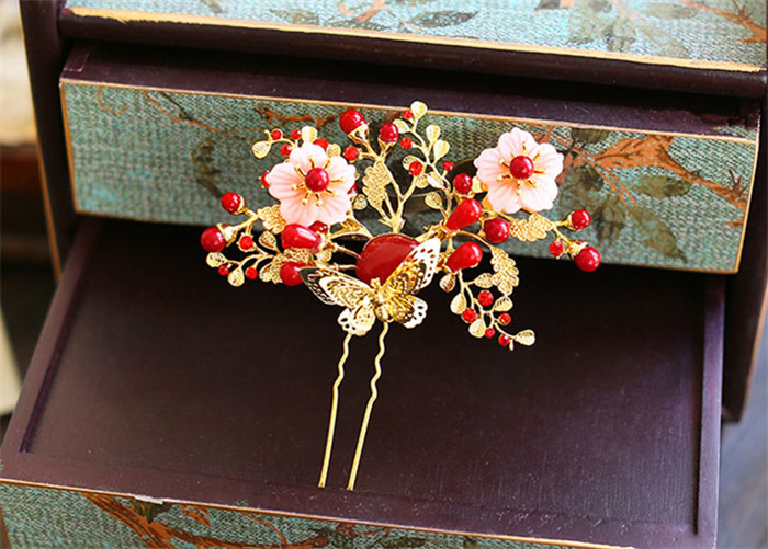 金底紅古風頭飾，復古貝殼花流蘇發(fā)簪