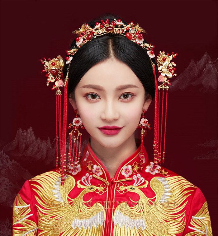 金底紅古風(fēng)頭飾，復(fù)古貝殼花流蘇發(fā)簪