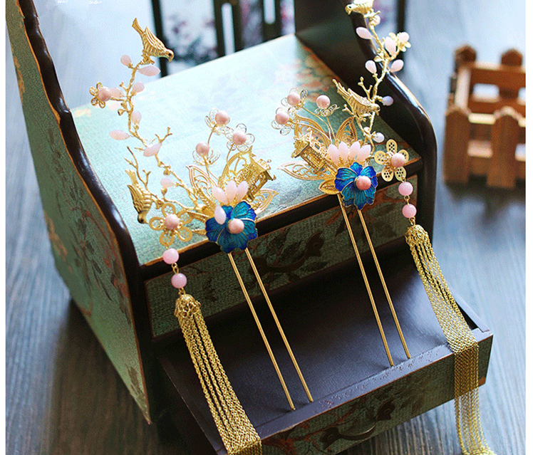 純手工精致金色流蘇發(fā)簪，新娘古風(fēng)頭飾