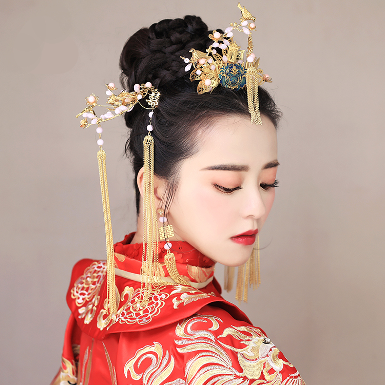 純手工精致金色流蘇發(fā)簪，新娘古風(fēng)頭飾