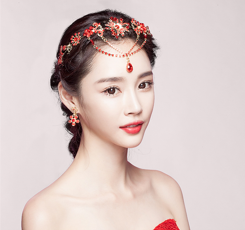 中式三件套裝敬酒服額飾，優(yōu)美盤發(fā)配飾發(fā)飾